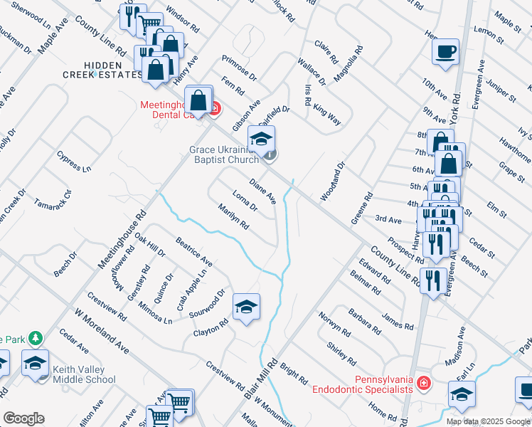 map of restaurants, bars, coffee shops, grocery stores, and more near 218 Lorna Drive in Hatboro