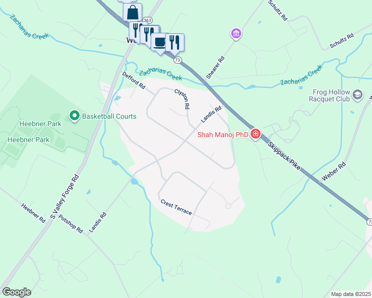map of restaurants, bars, coffee shops, grocery stores, and more near 2878 Defford Road in Norristown