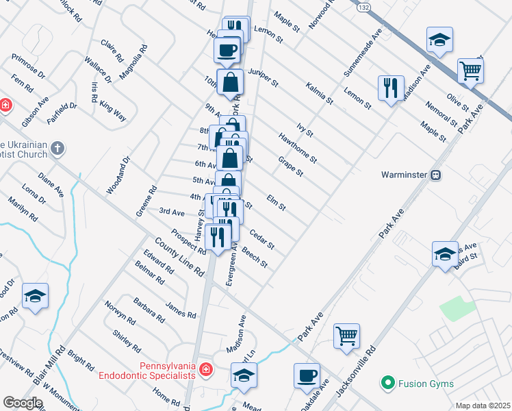 map of restaurants, bars, coffee shops, grocery stores, and more near 395 Date Street in Warminster