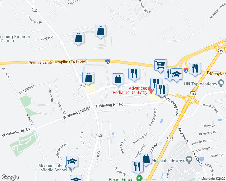 map of restaurants, bars, coffee shops, grocery stores, and more near 108 Old Schoolhouse Lane in Mechanicsburg