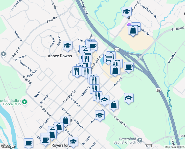 map of restaurants, bars, coffee shops, grocery stores, and more near 909 Chestnut Street in Royersford