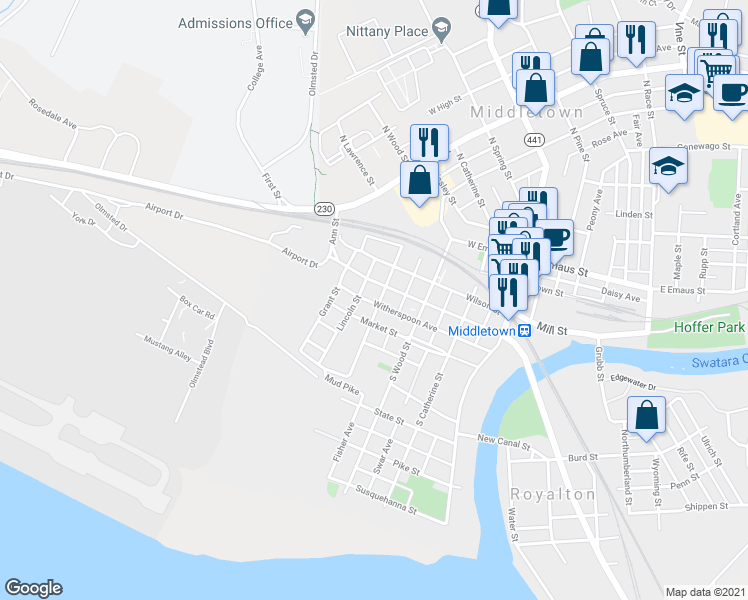 map of restaurants, bars, coffee shops, grocery stores, and more near 325 South Lawrence Street in Middletown