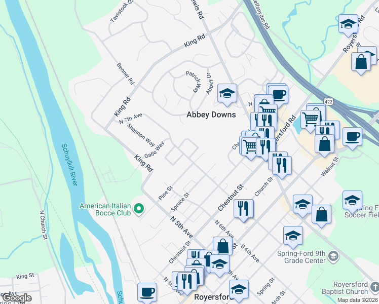 map of restaurants, bars, coffee shops, grocery stores, and more near 107 Horseshoe Drive in Royersford