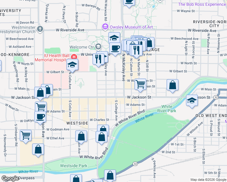 map of restaurants, bars, coffee shops, grocery stores, and more near 101 South College Avenue in Muncie