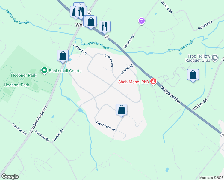 map of restaurants, bars, coffee shops, grocery stores, and more near 2878 Defford Road in Norristown