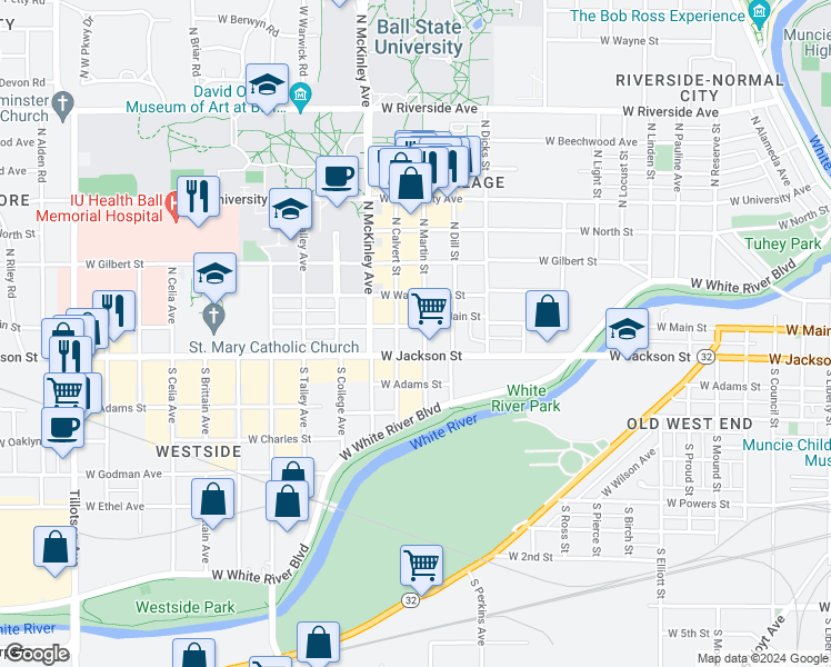 map of restaurants, bars, coffee shops, grocery stores, and more near 1703 West Main Street in Muncie