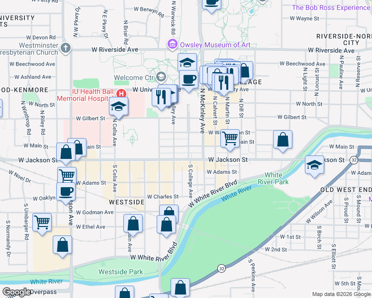 map of restaurants, bars, coffee shops, grocery stores, and more near 1968 West Main Street in Muncie