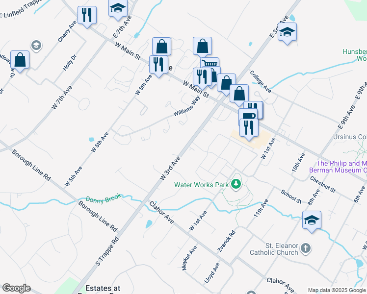 map of restaurants, bars, coffee shops, grocery stores, and more near 105 West 3rd Avenue in Collegeville