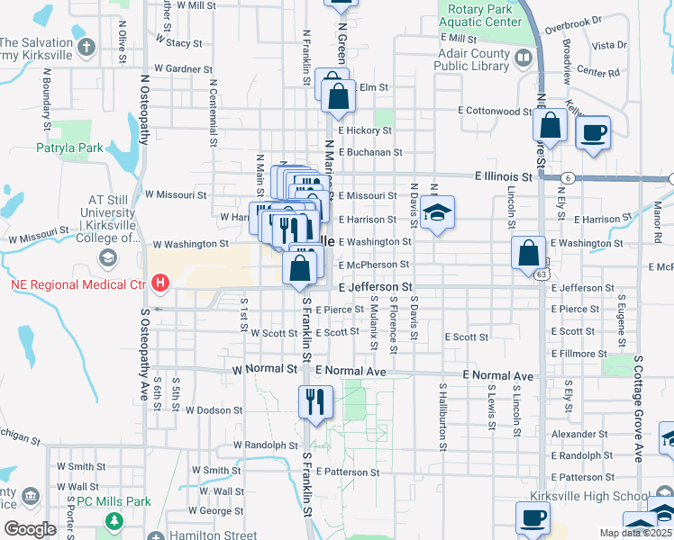 map of restaurants, bars, coffee shops, grocery stores, and more near 211 East McPherson Street in Kirksville
