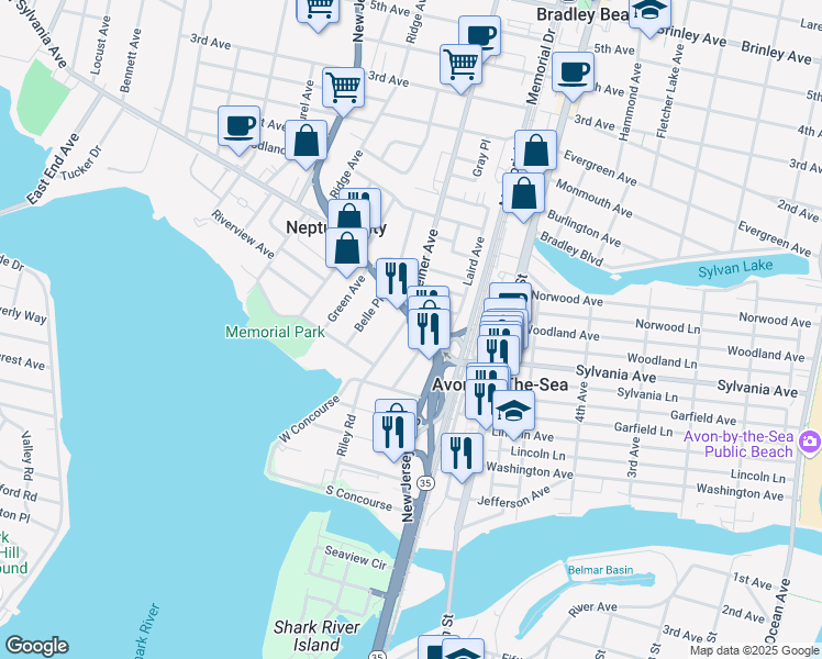 map of restaurants, bars, coffee shops, grocery stores, and more near 31 New Jersey 35 in Neptune City