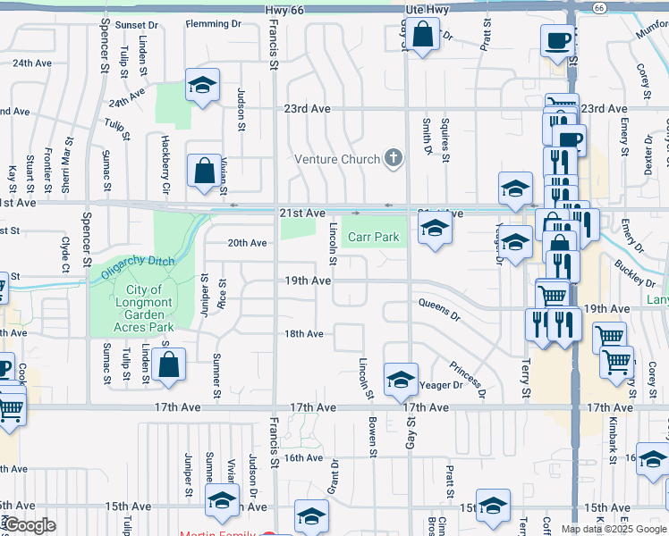 map of restaurants, bars, coffee shops, grocery stores, and more near 1917 Lincoln Street in Longmont