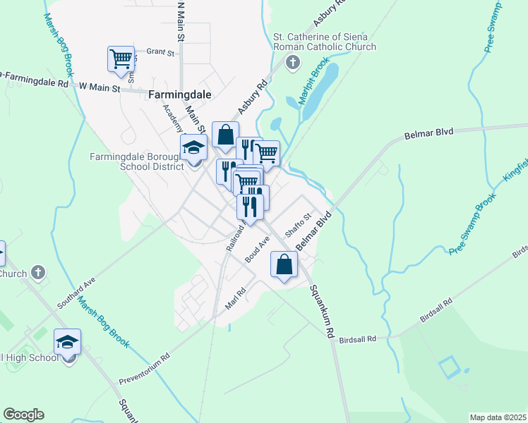 map of restaurants, bars, coffee shops, grocery stores, and more near 84 Main Street in Farmingdale