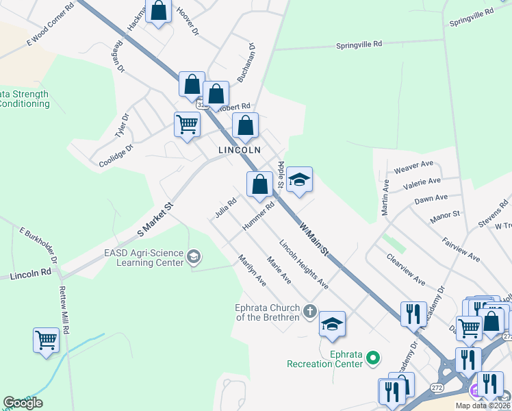 map of restaurants, bars, coffee shops, grocery stores, and more near 1317 Lincoln Heights Avenue in Ephrata