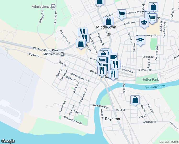 map of restaurants, bars, coffee shops, grocery stores, and more near 124 Wilson Street in Middletown