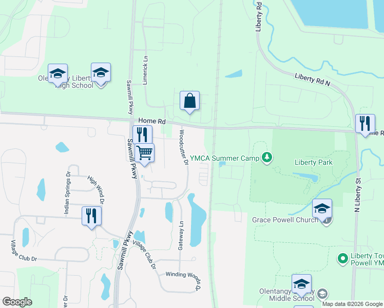 map of restaurants, bars, coffee shops, grocery stores, and more near 7533 Woodcutter Drive in Powell