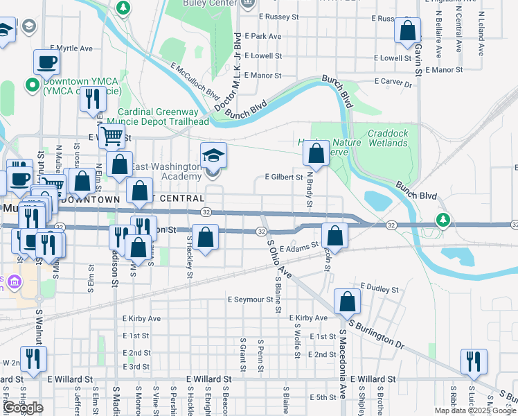 map of restaurants, bars, coffee shops, grocery stores, and more near 114 North Ohio Avenue in Muncie