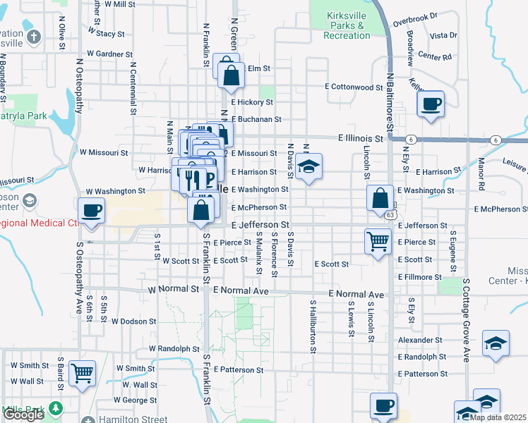 map of restaurants, bars, coffee shops, grocery stores, and more near 314 East McPherson Street in Kirksville