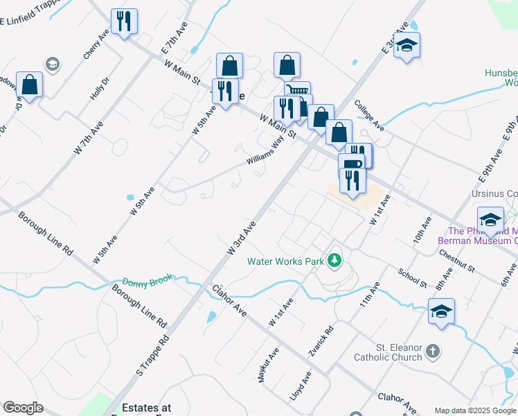 map of restaurants, bars, coffee shops, grocery stores, and more near 105 West 3rd Avenue in Collegeville