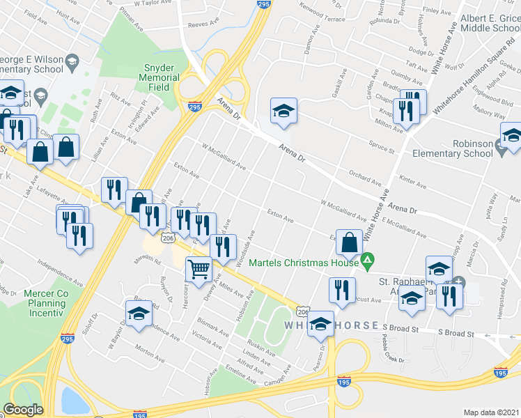 map of restaurants, bars, coffee shops, grocery stores, and more near 199 Woodside Avenue in Hamilton Township