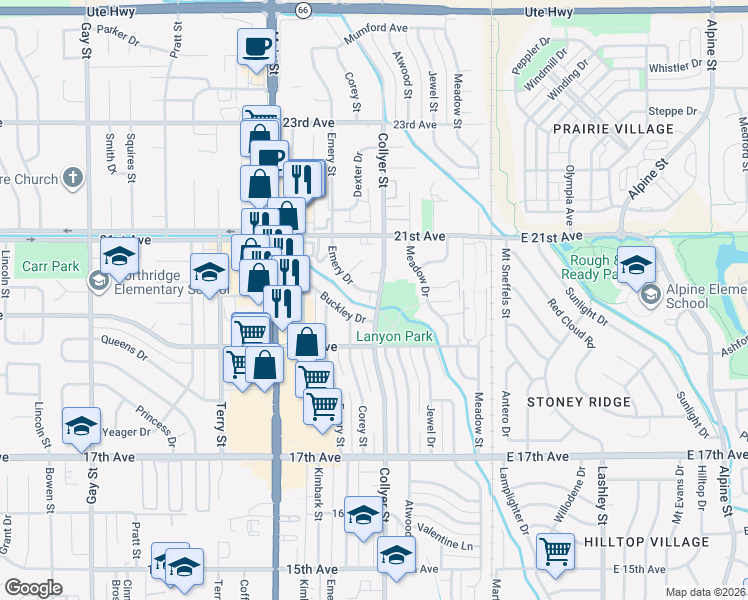 map of restaurants, bars, coffee shops, grocery stores, and more near 303 Emery Drive in Longmont