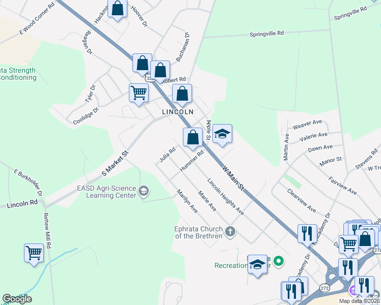 map of restaurants, bars, coffee shops, grocery stores, and more near 1317 Lincoln Heights Avenue in Ephrata