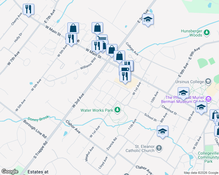 map of restaurants, bars, coffee shops, grocery stores, and more near 825 Dewees Place in Collegeville