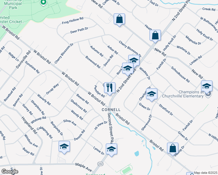 map of restaurants, bars, coffee shops, grocery stores, and more near 35 Upland Drive in Churchville