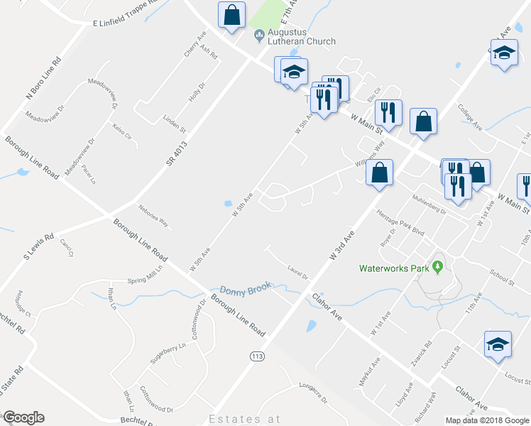 map of restaurants, bars, coffee shops, grocery stores, and more near 447 Franklin Court in Collegeville