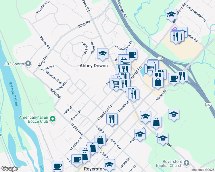 map of restaurants, bars, coffee shops, grocery stores, and more near 816 Chapel Road in Royersford