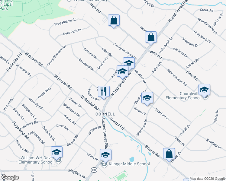map of restaurants, bars, coffee shops, grocery stores, and more near 78 Second Street Pike in Bucks County
