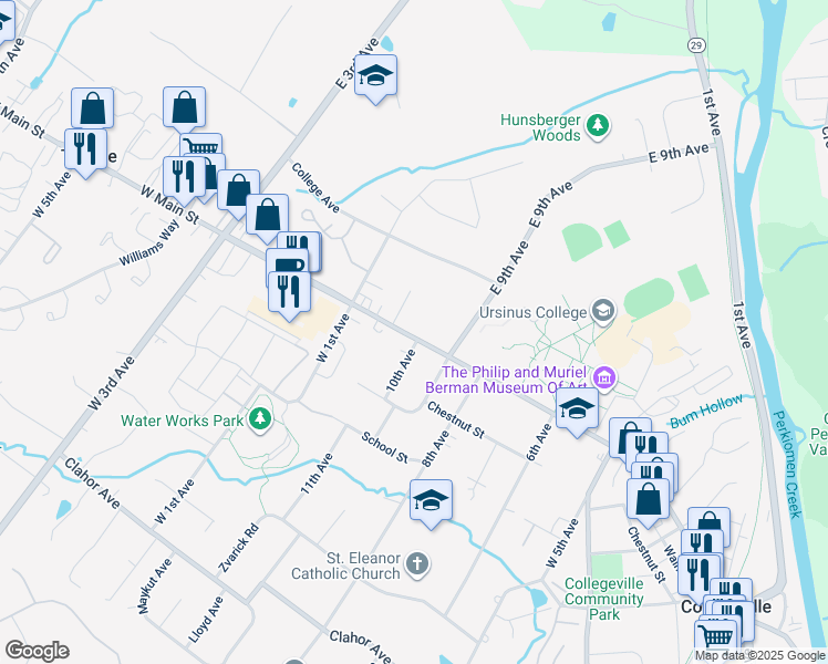 map of restaurants, bars, coffee shops, grocery stores, and more near 947 State Route 4031 in Collegeville