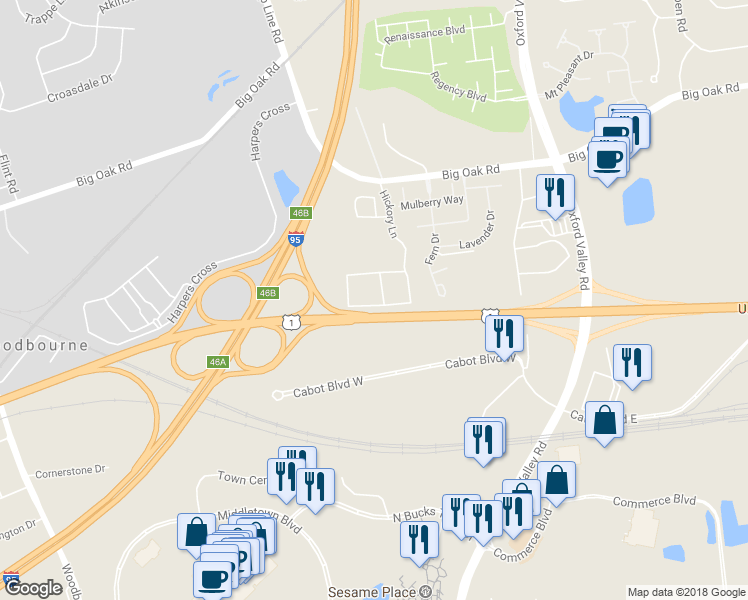 map of restaurants, bars, coffee shops, grocery stores, and more near 1677 Hickory Lane in Langhorne