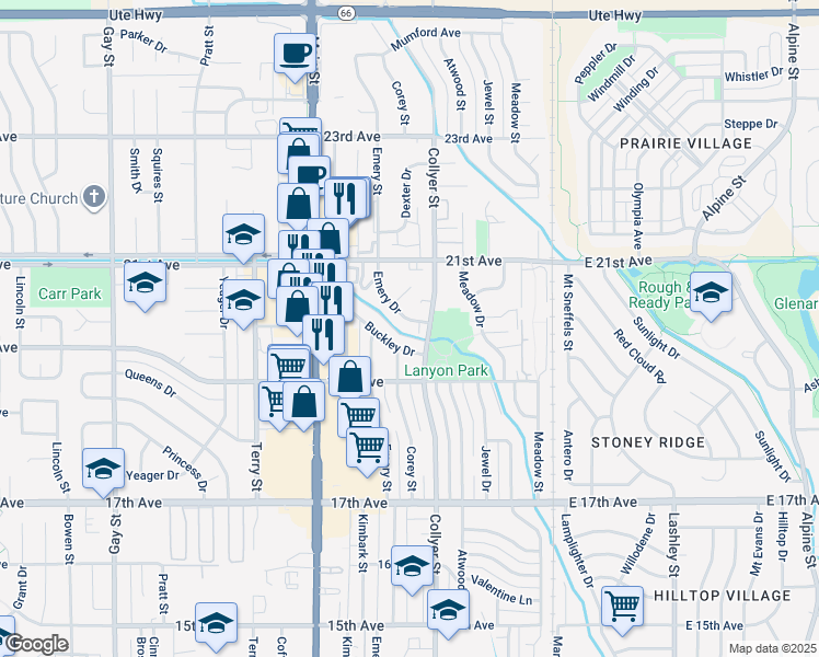 map of restaurants, bars, coffee shops, grocery stores, and more near 325 Emery Drive in Longmont