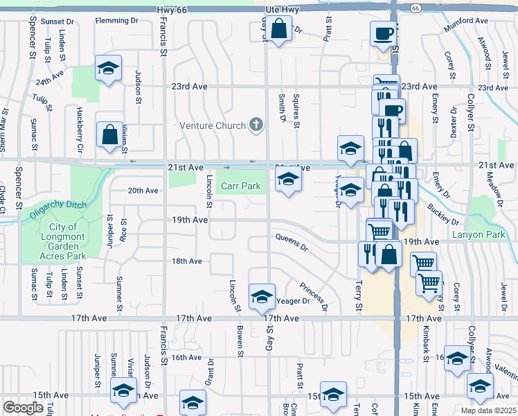 map of restaurants, bars, coffee shops, grocery stores, and more near 1358 Merl Place in Longmont
