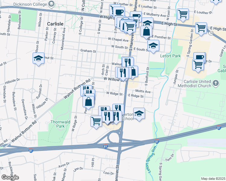 map of restaurants, bars, coffee shops, grocery stores, and more near 516 School Avenue in Carlisle