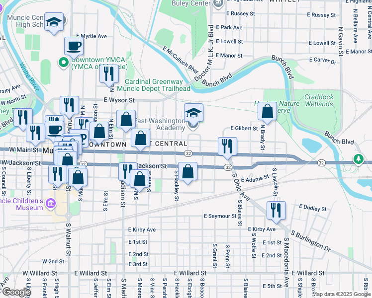 map of restaurants, bars, coffee shops, grocery stores, and more near 112 North Hackley Street in Muncie
