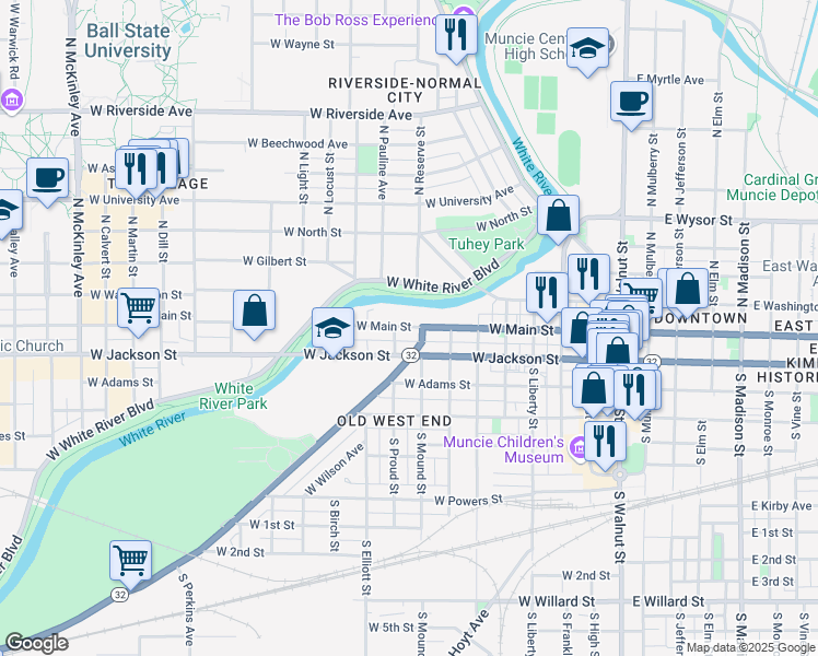 map of restaurants, bars, coffee shops, grocery stores, and more near 816 West Main Street in Muncie