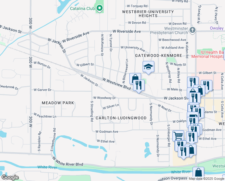 map of restaurants, bars, coffee shops, grocery stores, and more near 3820 West Jackson Street in Muncie
