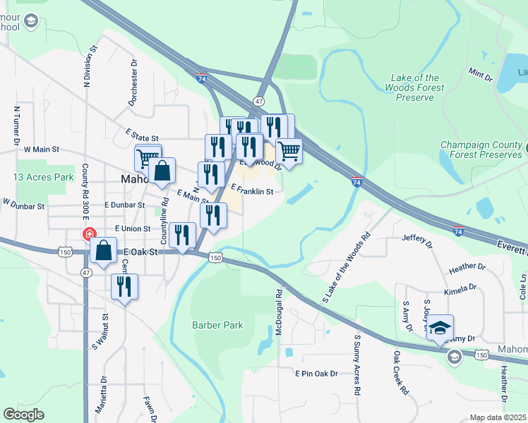 map of restaurants, bars, coffee shops, grocery stores, and more near 821 East Franklin Street in Mahomet