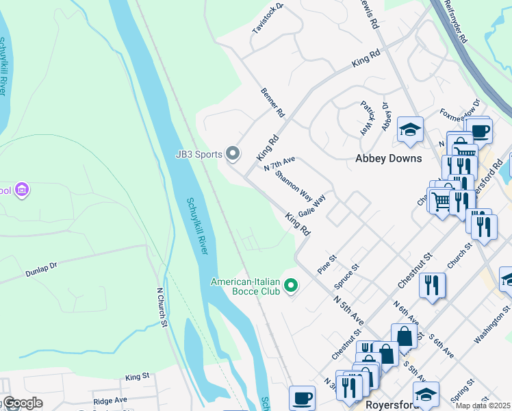 map of restaurants, bars, coffee shops, grocery stores, and more near 551 King Road in Royersford