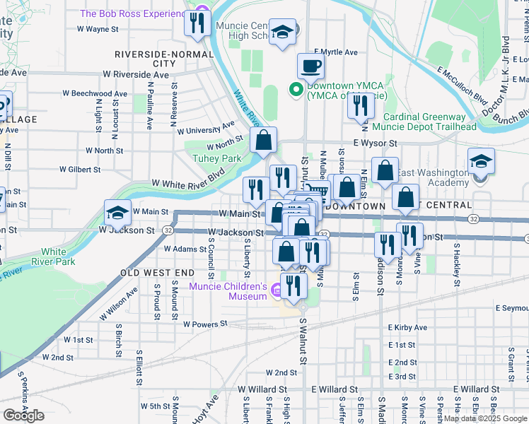 map of restaurants, bars, coffee shops, grocery stores, and more near 300 West Main Street in Muncie