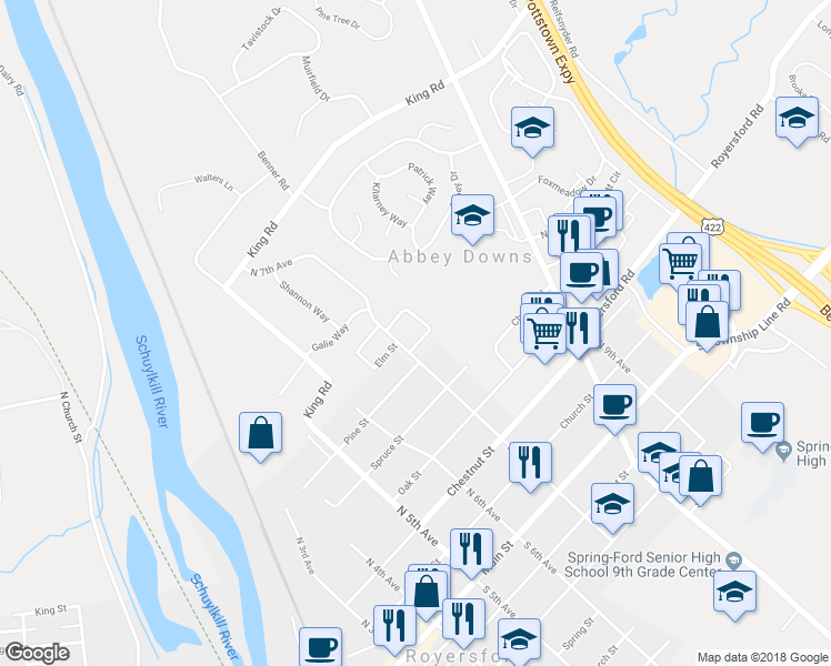 map of restaurants, bars, coffee shops, grocery stores, and more near 102 Horseshoe Drive in Royersford