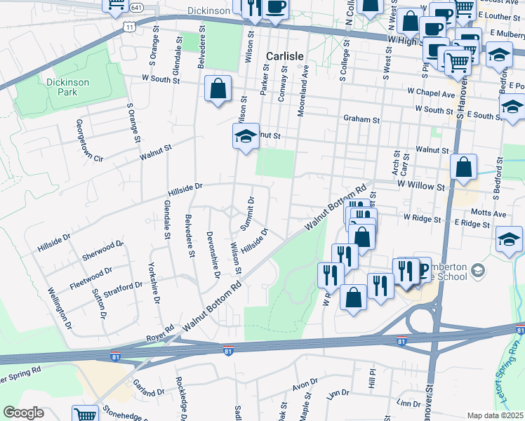 map of restaurants, bars, coffee shops, grocery stores, and more near 76 Hillside Drive in Carlisle