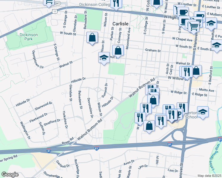 map of restaurants, bars, coffee shops, grocery stores, and more near 76 Hillside Drive in Carlisle