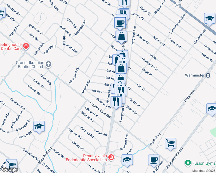 map of restaurants, bars, coffee shops, grocery stores, and more near 474 4th Avenue in Warminster