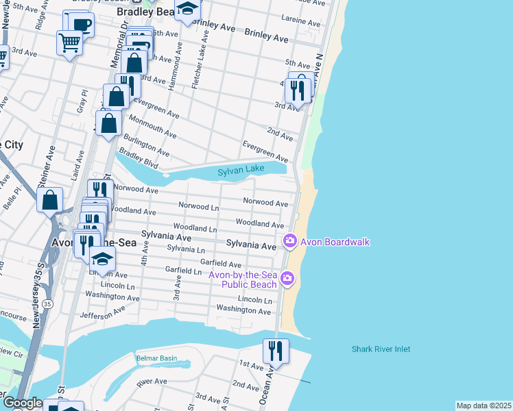 map of restaurants, bars, coffee shops, grocery stores, and more near 45 Norwood Avenue in Avon-by-the-Sea