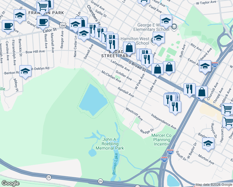 map of restaurants, bars, coffee shops, grocery stores, and more near 419 Rowan Avenue in Hamilton Township