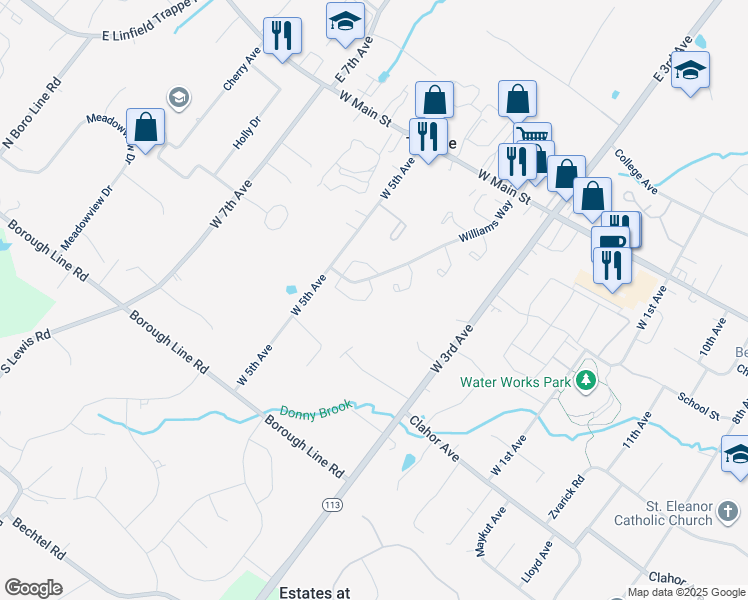 map of restaurants, bars, coffee shops, grocery stores, and more near 419 Franklin Court in Collegeville