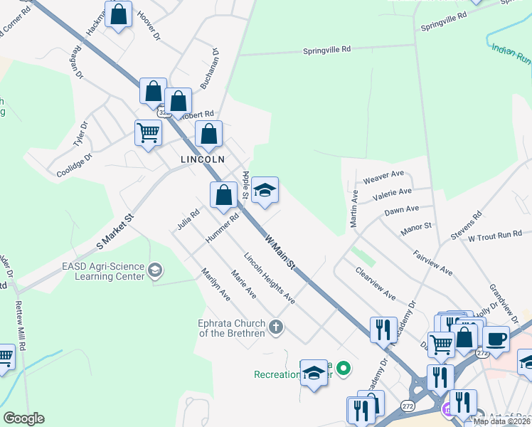 map of restaurants, bars, coffee shops, grocery stores, and more near 34 Cindia Lane in Ephrata