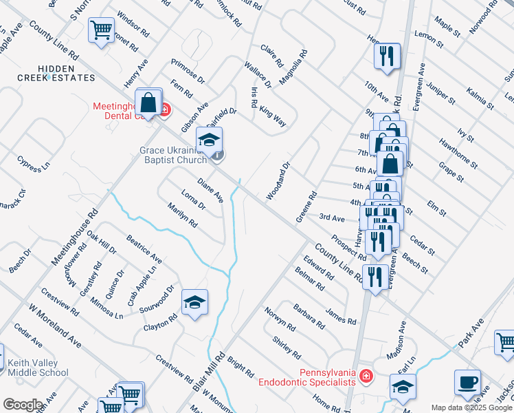 map of restaurants, bars, coffee shops, grocery stores, and more near 159 County Line Road in Hatboro